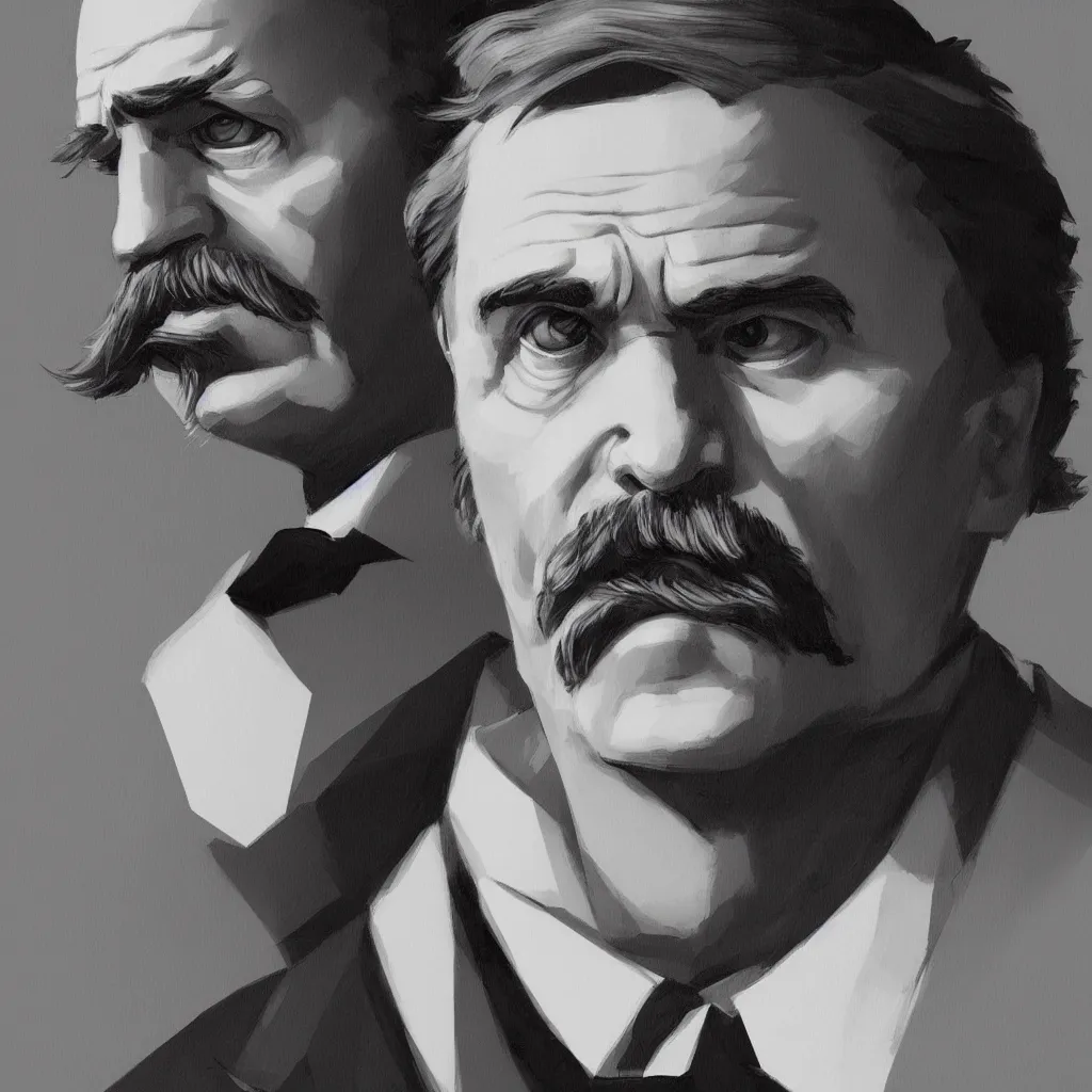 Prompt: Portrait of Friedrich Nietzsche in his Suit with a chiseled Jawline and serious Look, in the Style of Artgerm and Charlie Bowater and Mike Mignola, rim light, saturated colors, hard shadows, colorful, plain background, trending on artstation