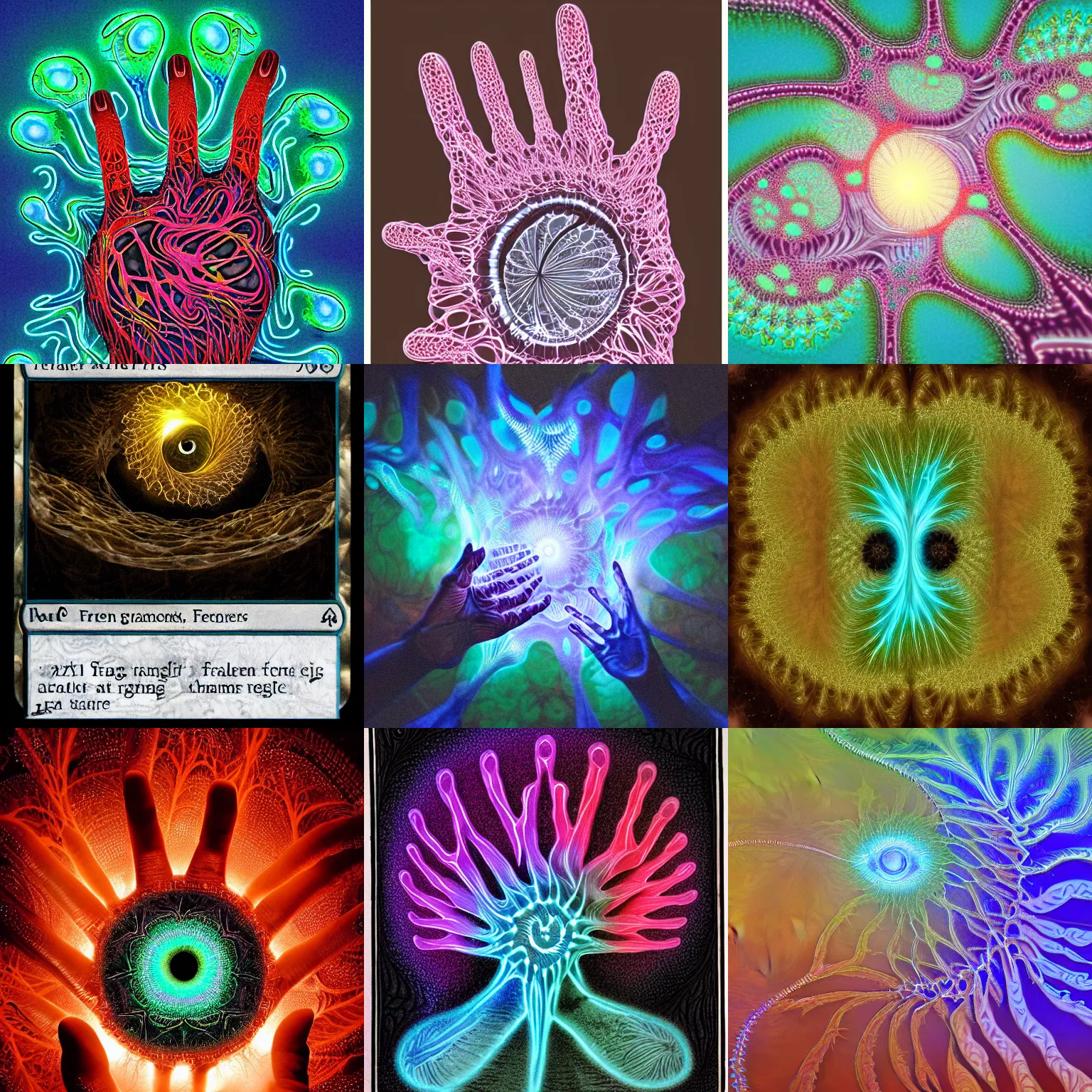 Prompt: fractal rivers of glowing hands and fingers, the big dreaming eye