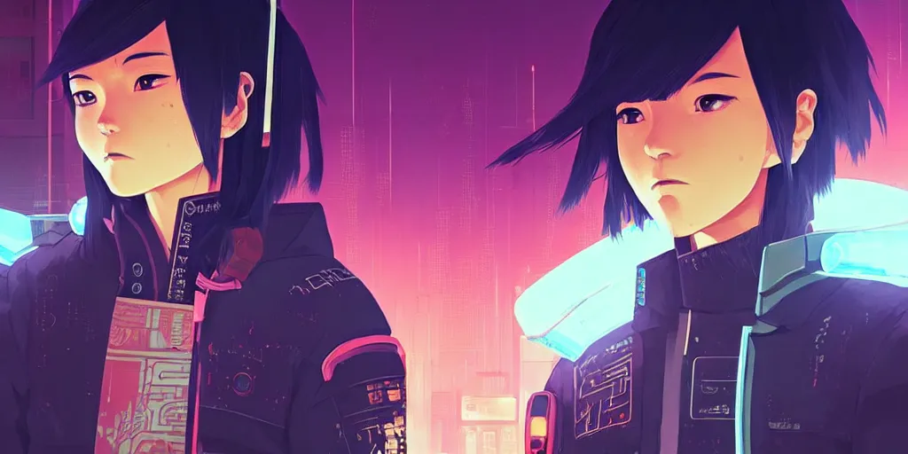 Image similar to digital illustration closeup portrait of cyberpunk samurai in city street at night by makoto shinkai, ilya kuvshinov, lois van baarle, rossdraws, basquiat | afrofuturism, in the style of hearthstone, trending on artstation | cool color scheme