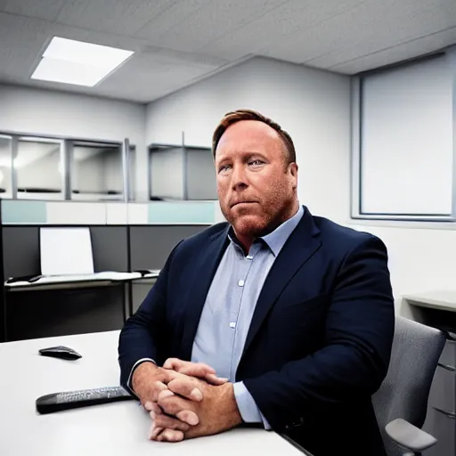 Image similar to alex jones inside an american office under fluorescent lights