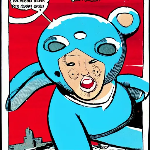 Prompt: giant blue baby baby seal goes in vietnam, comix by dave gibbons and john higgins