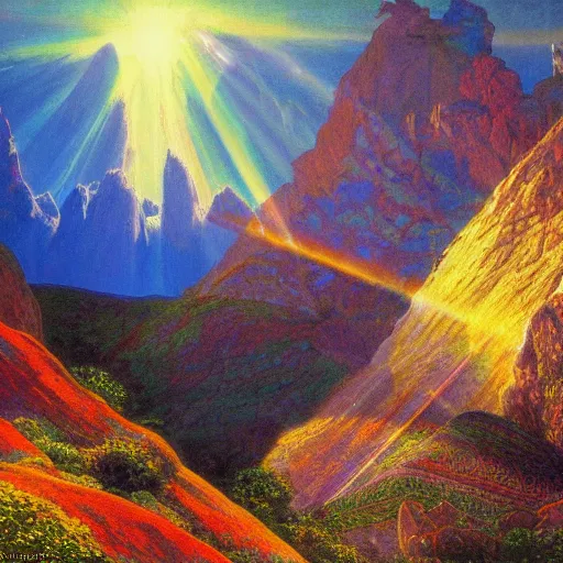 Prompt: the most joyful mountain in the world, astral, sublime, colorful, light shafts, dramatic light, by august malmstrom, russian painters, mucha, global illumination, pixar, rule of thirds, perfect composition.