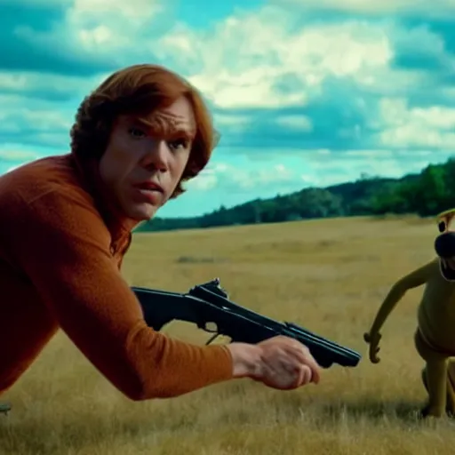 Image similar to scooby doo holding a gun, film still from the movie directed by denis villeneuve with art direction by bill ward, wide lens