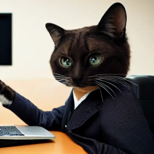 Prompt: photo of an anthropomorphic cat wearing a business suit using a computer in an office