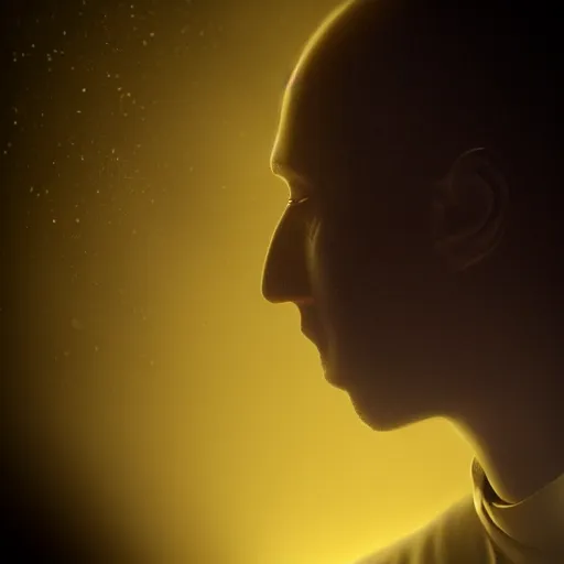 Image similar to Close up of a young, thin and stern catholic priest in his thirties fervently praying as he is about to die from the ominous Lovecraftian yellow shadow descending upon him from the night sky. The yellow shadow feels very oppressive and terrifying. Low angle, dramatic lighting. Award-winning digital art, trending on ArtStation