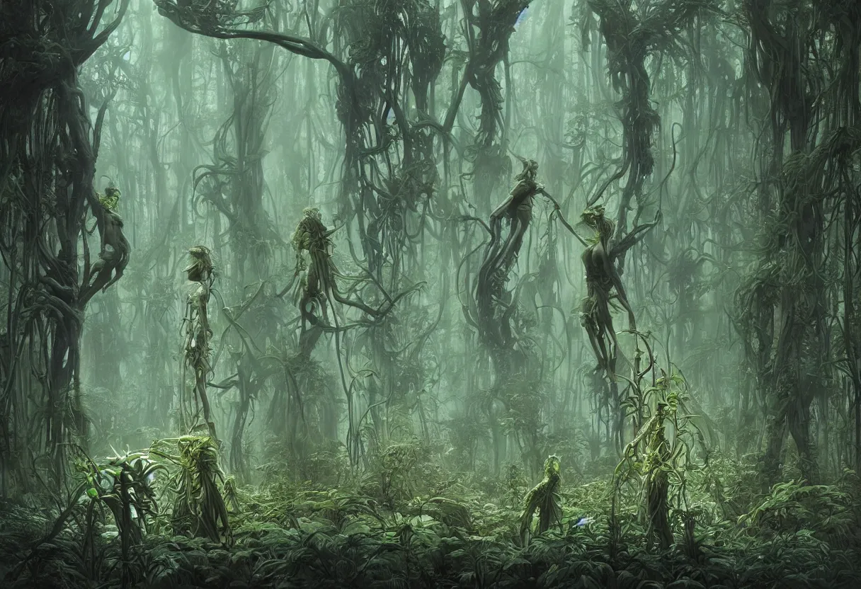 Prompt: humanoid figures made of plants having a seance in a beautiful bioluminescent forest, by daniel - by greg rutkowski and raymond swanland hr giger and zdzislaw beksinski and alphonse mucha and moebius, matte painting, hyperdetailed, symmetry, art nouveau, beautiful render, concept art