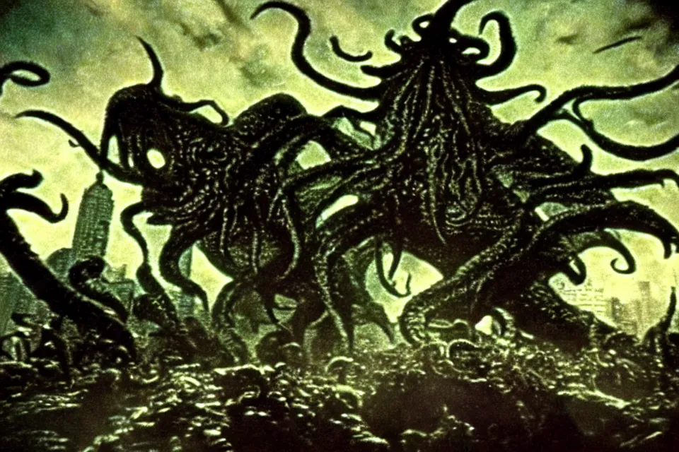 Prompt: still image taken from sci fi horror movie of a cthulhu attacking a city. low camera angle. color photograph, 1 9 7 0 s.