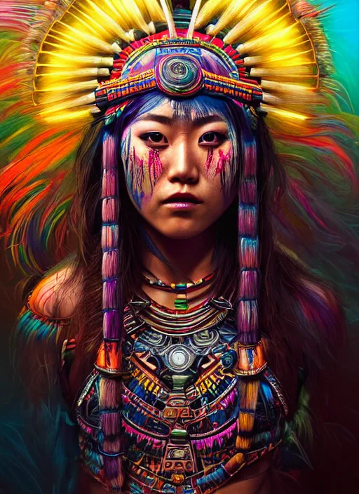 Image similar to portrait of karen fukuhara, hyper detailed ultra sharp aztec shaman warrior. trending on artstation, warpaint aesthetic, bloodwave, colorful, psychedelic, ornate, intricate, digital painting, concept art, smooth, sharp focus, illustration, art by artgerm and greg rutkowski and h. r. giger, 8 k