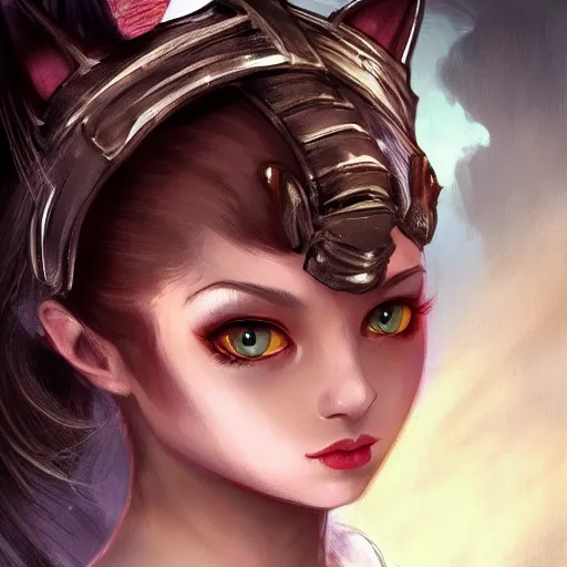 Prompt: 3/4 headshot of young female cat girl, D&D, cute, fantasy, intricate, short hair, black skin, cat face, cat nose, cathead, cat ears, white hair, highly detailed, digital painting, artstation, concept art, smooth, sharp focus, illustration, art by artgerm and H R Giger and alphonse mucha