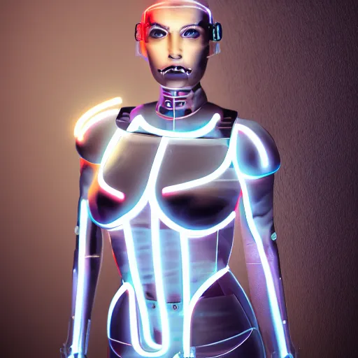 Image similar to a portrait of a female cyborg, fashion, streak lights, ligjt trail, color gel, photogtaphy, photorealistic, canon r 5, wide angle, 3 d rendered, maya