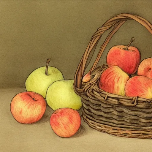 Image similar to a painting of a basket of apples and a can of yogurt, a still life by Beatrix Potter, featured on deviantart, naive art, storybook illustration, watercolor, photoillustration