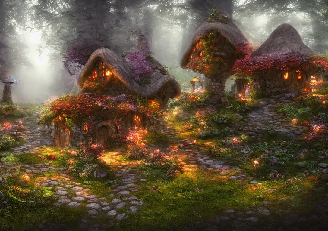 Prompt: fantasy mushroom cottage, in fairy tale forest, foggy atmosphere, volumetric lighting, fantasy artwork, very beautiful scenery, very realistic painting effect, hd, hdr, unreal engine 5, cinematic 4k wallpaper, 8k, ultra detailed, high resolution, artstation