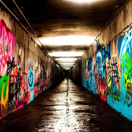 Prompt: dimly lit urban tunnel filled with beautiful graffiti,rainy,striking