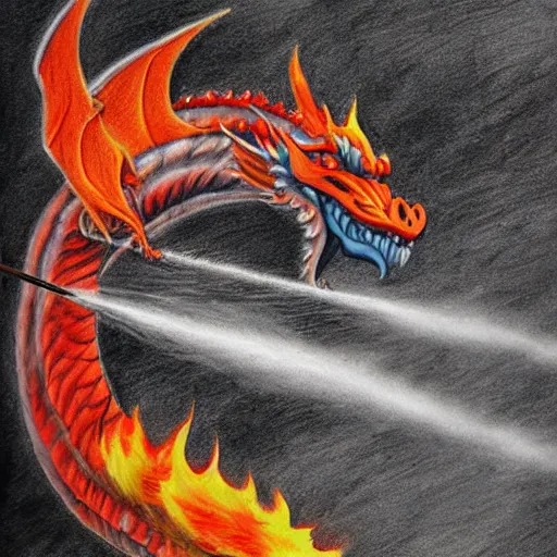 Image similar to firefighters against a fire - breathing dragon, pencil art, fire, colorful