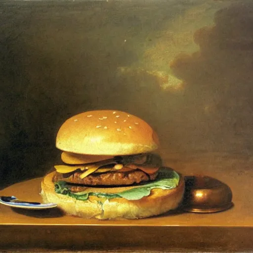 Image similar to hamburger in still life. dutch masters, 1 8 th century. oil on canvas