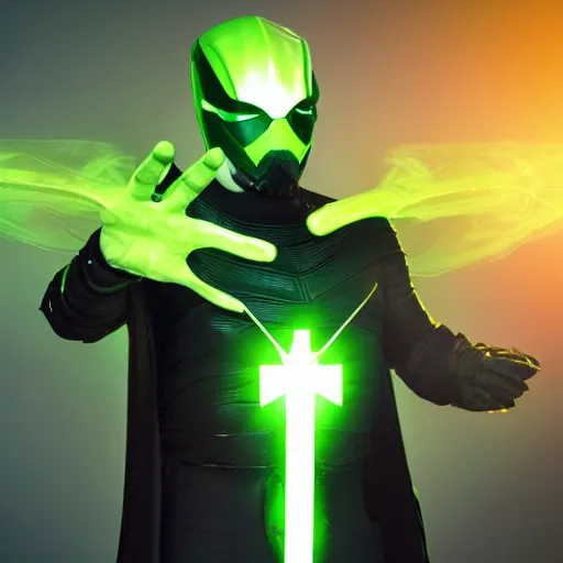 Prompt: sci fi superhero in green and black armor with a long golden cape with green energy coming from his hands