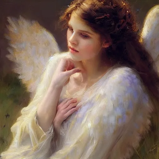 Image similar to beautiful portrait of an angel with beautiful face and her huge white wings spread out gracefully, painted by daniel gerhartz, highly detailed, beautiful warm illumination, graceful and elegant, ethereal