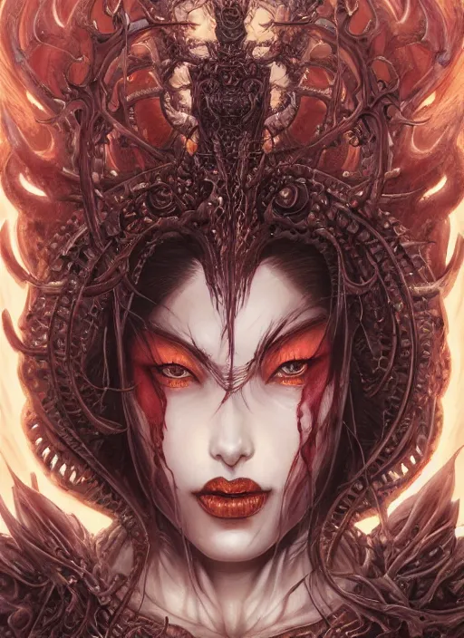 Image similar to a hyper detailed face portrait of the queen of blades smiling, diablo 4 lilith, by yusuke murata, by hiroya oku, by dorian cleavenger, by tom bagshaw, by zdzisław beksinski, trending on artstation