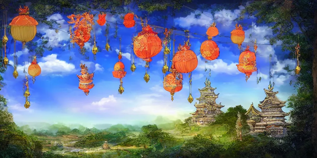 Image similar to wind god enjoying the view from his stone heavenly palace, decorated with windchimes and paper lanterns, nature, clouds and other palaces in background, digital art