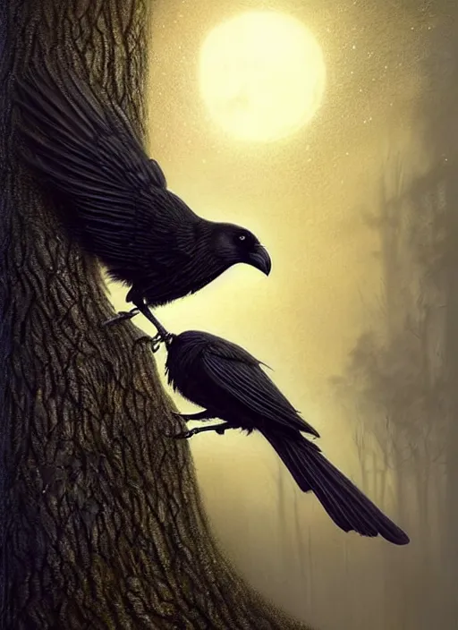 Image similar to side portrait dark crow on tree in front of the full big moon, fine art, awesome fantasy book cover on Pinterest, award winning, fantasy forest landscape, fantasy magic, dark golden light night, intricate, elegant, sharp focus, illustration, highly detailed, digital painting, concept art, matte, art by WLOP and Artgerm and Greg Rutkowski, masterpiece, trending on artstation