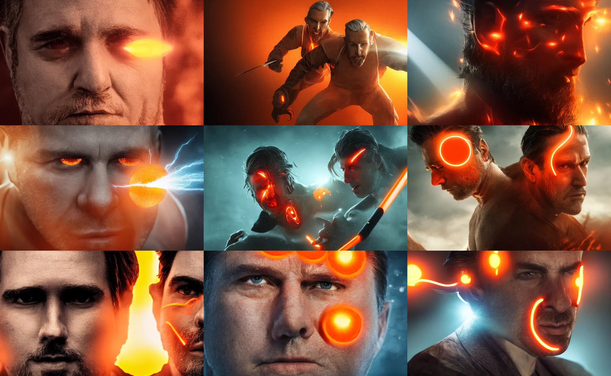 Prompt: cinematic close up artwork of a handsome pale middle aged man with slicked back brown hair, a goatee and glowing orange eyes in battle by greg rutowski, 4 k, fantasy, sun rays, masterpiece