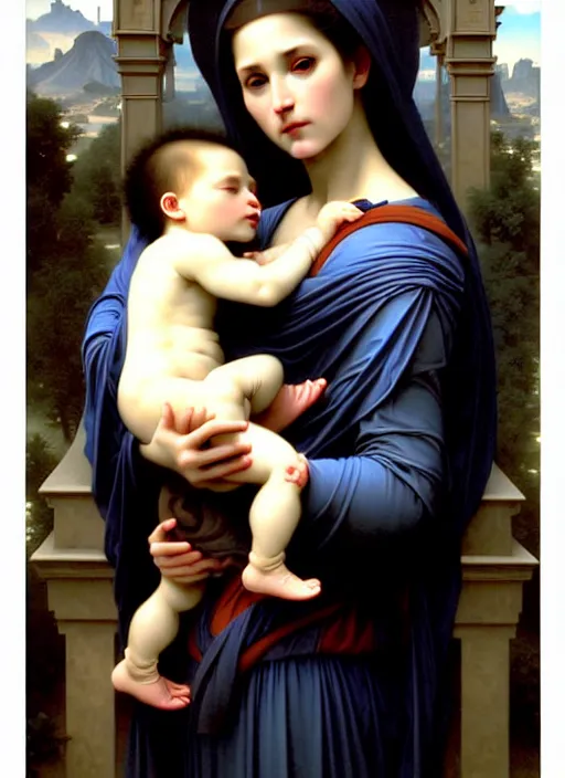 Prompt: realistic detailed 8k photo of futuristic holy cyborg-robotic-mother holding a newborn baby child in hands by Raphael Santi, William-Adolphe Bouguereau, orthodox icon Neo- by Ayami Kojima, Amano, Karol Bak, Greg Hildebrandt, and Mark Brooks, Neo-Gothic, gothic, rich deep colors. masterpiece, intricate artwork by Tooth Wu and wlop and beeple, greg rutkowski. still from a 2021 movie by Terrence Malick, Tarkovsky, Gaspar Noe, James Cameron,