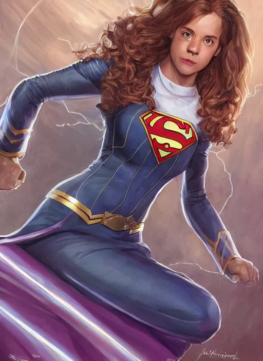 Image similar to Hermione Granger as Super Girl, taking a rest in futuristic bedroom, a ruggedly muscled handsome heroine, intricate, elegant, highly detailed, centered, digital painting, artstation, concept art, smooth, sharp focus, illustration, artgerm, donato giancola, Joseph Christian Leyendecker, WLOP, Artgerm, thunder storm