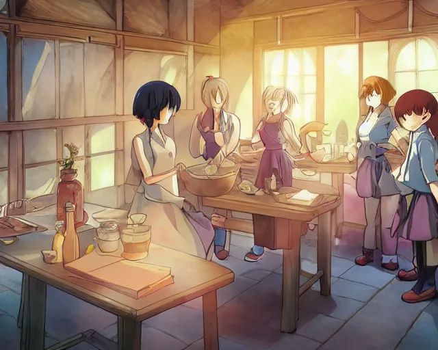 Prompt: cell shaded anime key visual of a group of girls in a potion making classroom in the style of studio ghibli, ayami kojima, makoto shinkai, dramatic lighting, clean lines