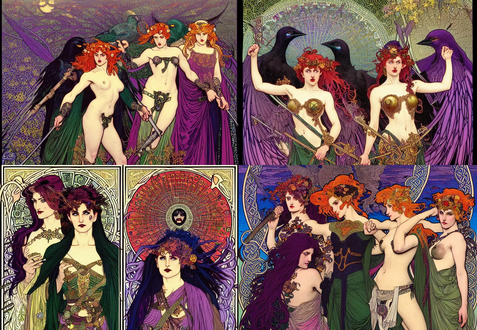 Prompt: a fine art painting of the Badb or Morrigan, the three irish celtic godesses of war and battle, different hair colors, surrounded by a murder of crows, celtic fantasy, painting by dan mumford and jim fitzpatrick, by Alphonse Mucha, detailed, colorful, no more than three characters