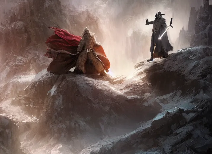 Image similar to a diorama of gandalf fighting darth vader, tilt shift, detailed, high fantasy, soft lighting, by ruan jia and mandy jurgens