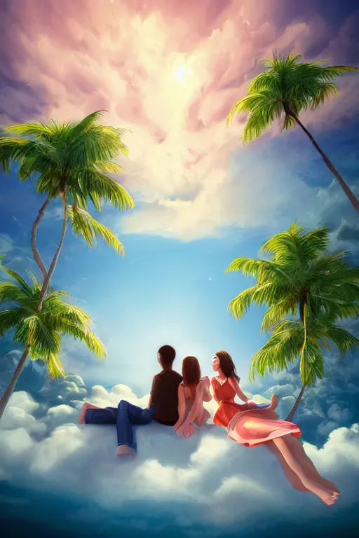 Image similar to conceptual art of one loving couple sitting on a cloud with palms, high in the sky above a paradisiac ocean, mattepainting concept pixar maya engine on stylized background global illumination lighting artstation in the style of MIYASAKI