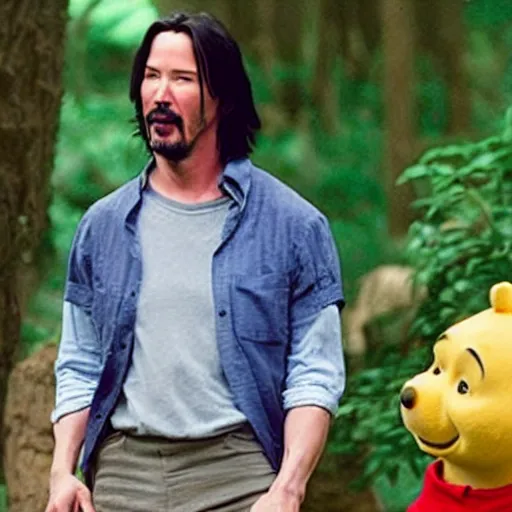 Image similar to A still of Keanu Reeves as Winnie the Pooh