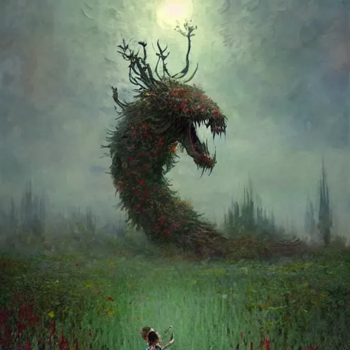 Prompt: a gigantic beautiful terrifying monster made of flowers looms over a tiny human. ethereal horror fantasy art by greg rutkowski and raymond swanland and monet