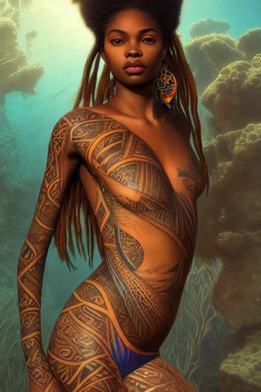 Prompt: underwater photography full body portrait of beautiful nubian ancestral tribal tattooed young hunter pincess, swimming underwater low angle realistic 4 k high quality photography by terry o'neill intricate, elegant, highly detailed, digital painting, artstation, concept art, smooth, sharp focus, illustration, art by artgerm and greg rutkowski and alphonse mucha, 8 k