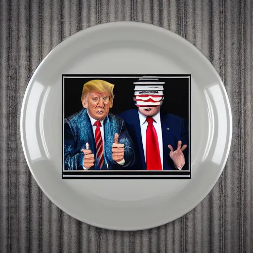 Image similar to trump making fun of cripple in striped prison clothes commemorative plate, 3 d high definition, trending on artstation, intricate detail, finely detailed, small details, extra detail, photorealistic, high resolution, vray, 8 k, octane, hdr, hyper detailed, insane details, intricate, elite, ornate, elegant, luxury