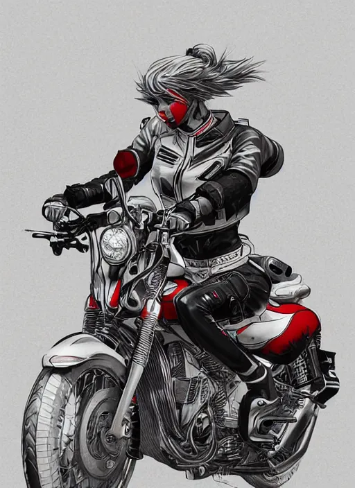 Image similar to maiko riding a motorbike, fluent composition, red white and black, concept art, ambient light, 4 k, intricate details, highly professionally detailed, cgsociety, highly detailed -