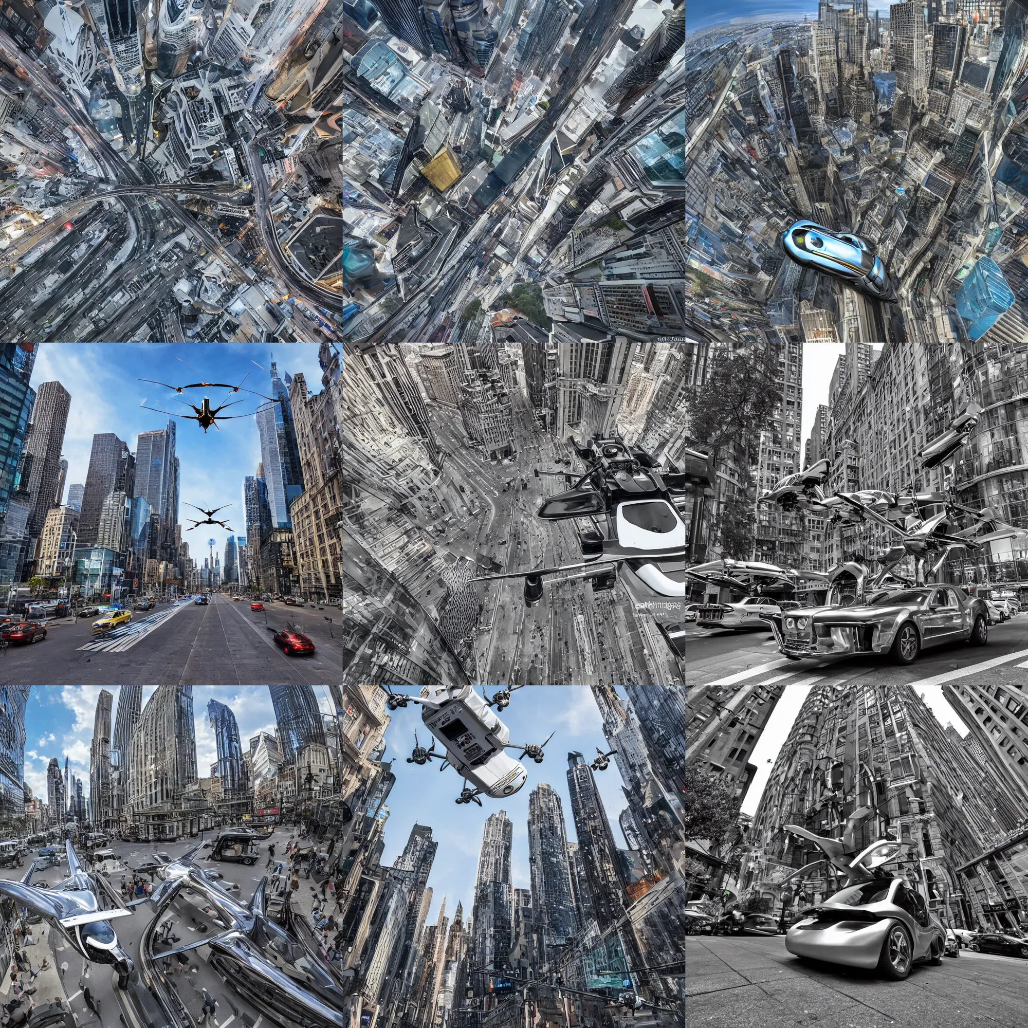 Prompt: flying cars in the city some stop at stations, chromium plated, wide angle lens