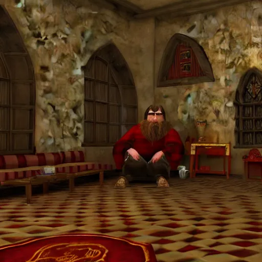 Image similar to Hairy Potter in Gryffindor's common room, Playstation 2 screenshot, 3D Render