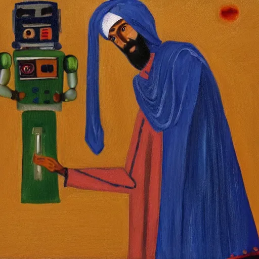 Image similar to a robot who wears muslim clothes, has a long beard, holds a rosary, and wears an arab abaya, oil painting