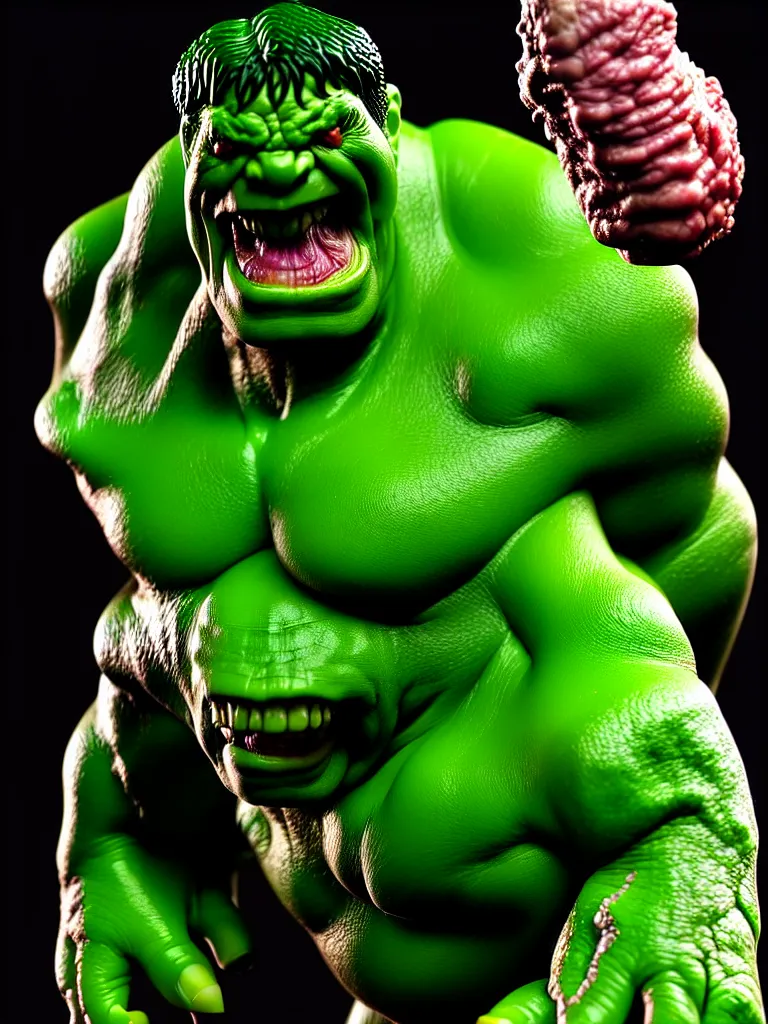 Image similar to hyperrealistic rendering, fat smooth cronenberg flesh monster hulk by bernie wrightson and killian eng and joe fenton, product photography, action figure, sofubi, studio lighting, colored gels, colored background
