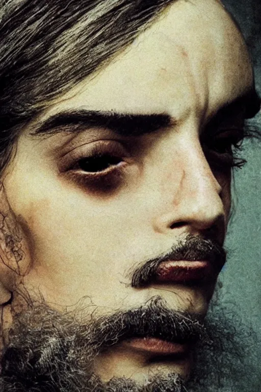 Image similar to hyperrealism close - up fashion portrait by roversi photo from the holy mountain by alejandro jodorowsky in style of francisco goya