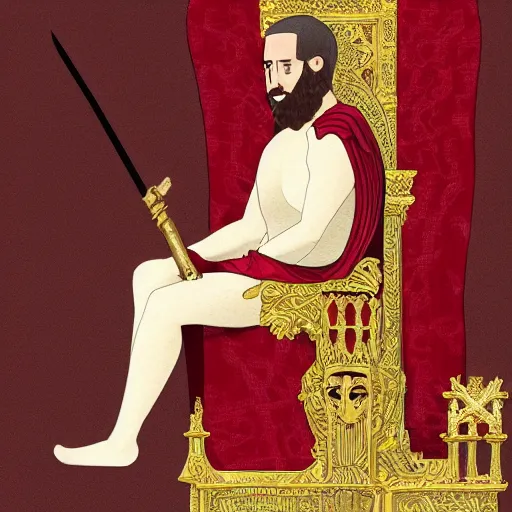 Image similar to modern self portrait of man sitting on throne, legs crossed, while holding a sword, white man, hispanic, brown hair, light skin, golden throne, red robes, 8 k, hi - rez, circles, lamented, clear, brown eyes, colored, sharp, realistic, 3 d