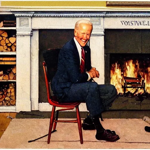 Image similar to eye level portrait painting by Norman Rockwell of Joe Biden sitting in a chair. Cozy fire. Legs apart