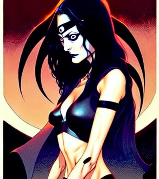 Prompt: artgerm, joshua middleton comic cover art, pretty friendly phoebe tonkin eye of horus painted under one of her eyes ( no black under other eye ), as death sandman comic death appears as a young, attractive, slim, she has very pale skin, dark eyes, long black hair, she prefers to dress casually and she wears black clothing