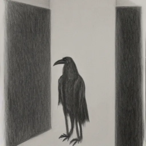 Prompt: a crow wearing a bathrobe in a hotel room, graphite drawing, 1998