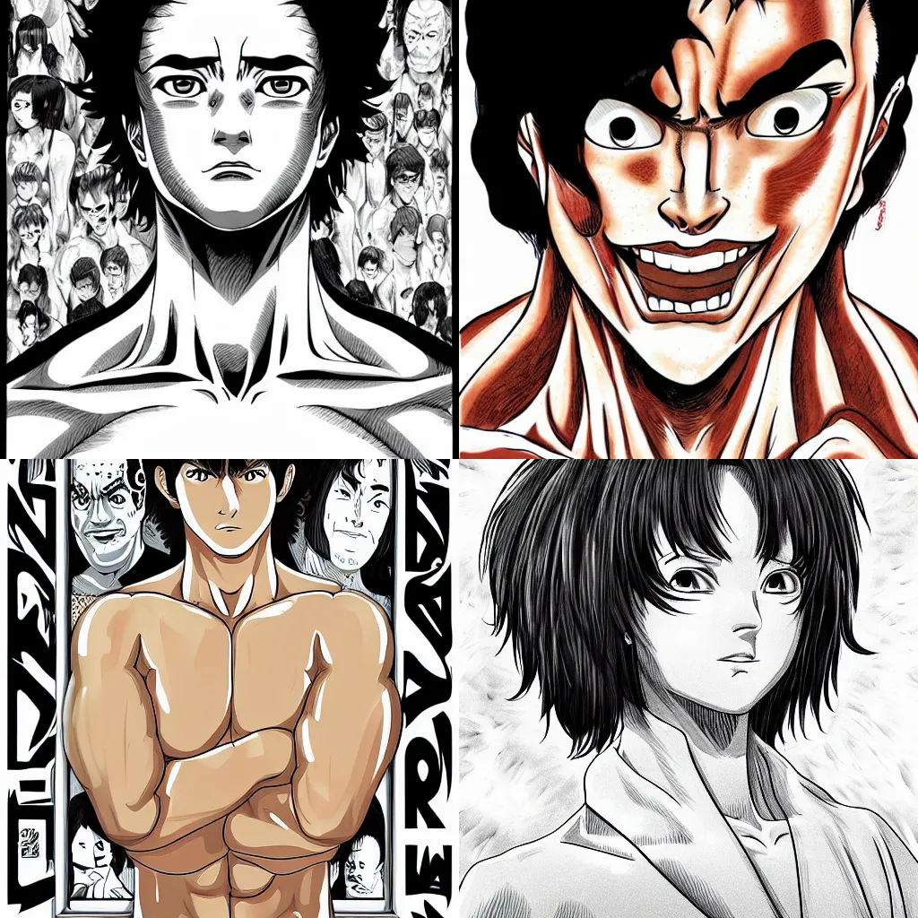 Prompt: Baki hanma, highly detailed, digital art, centered, portrait, in the style of junji ito