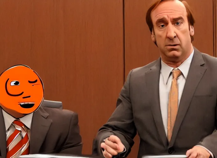 Prompt: saul goodman defending the annoying orange in court, high quality, 4k, television stil