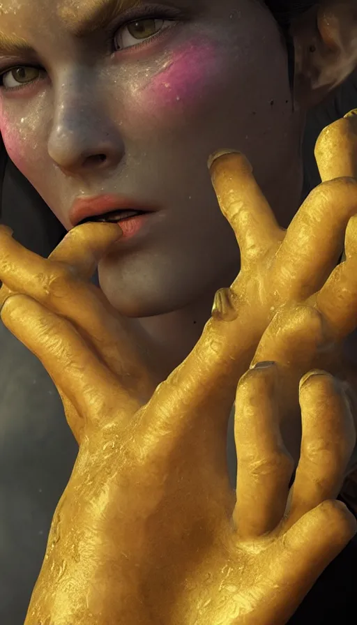 Prompt: epic masterpiece torment, drama, sweaty skin, hyperrealistic, octane render, cinematic, beautiful face and flawless skin, perfect hands, 5 fingers, yellow by Lorenzo Sperlonga, Legends of Runeterra