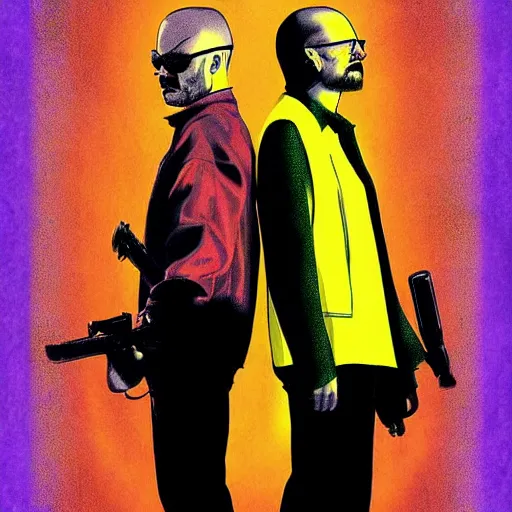 Image similar to jesse pinkman and walter white on a pulp fiction poster, cinimatic poster, high detail, saturated