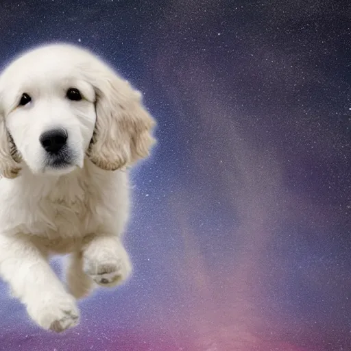 Prompt: a cloud made of dog floating in space